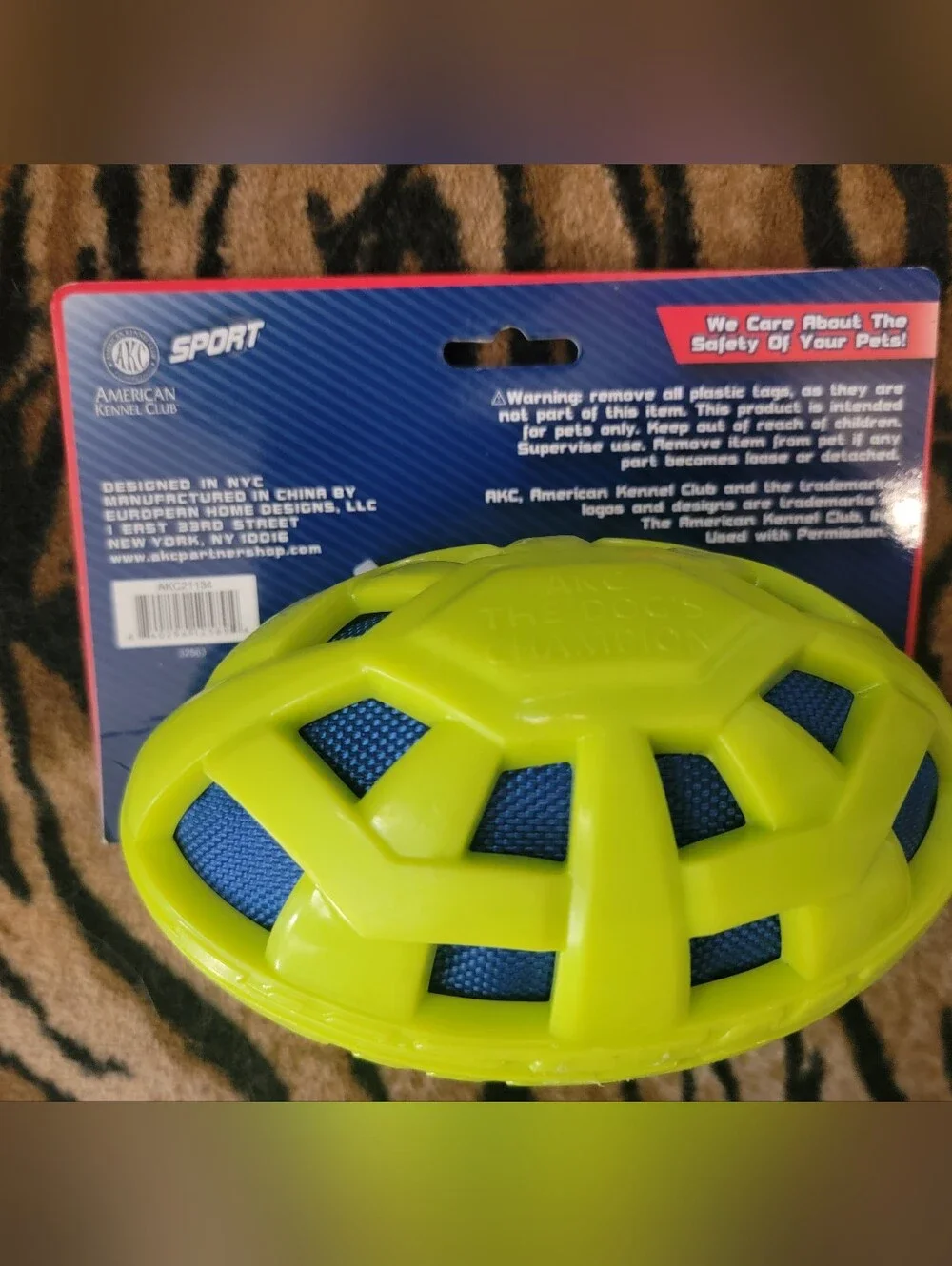 Dog Akc Durable Squeak & Catch Football - Neon Yellow & Blue Large New!